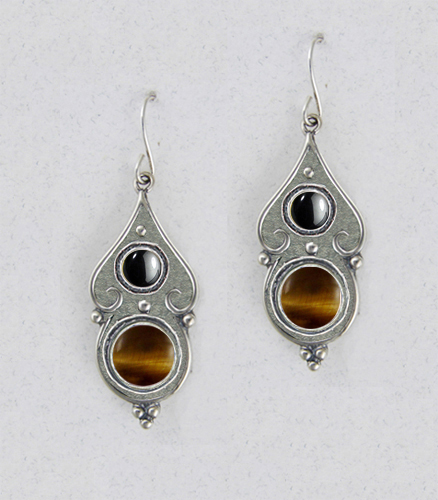 Sterling Silver Gothic Look With Tiger Eye And Hematite Gemstone Drop Dangle Earrings